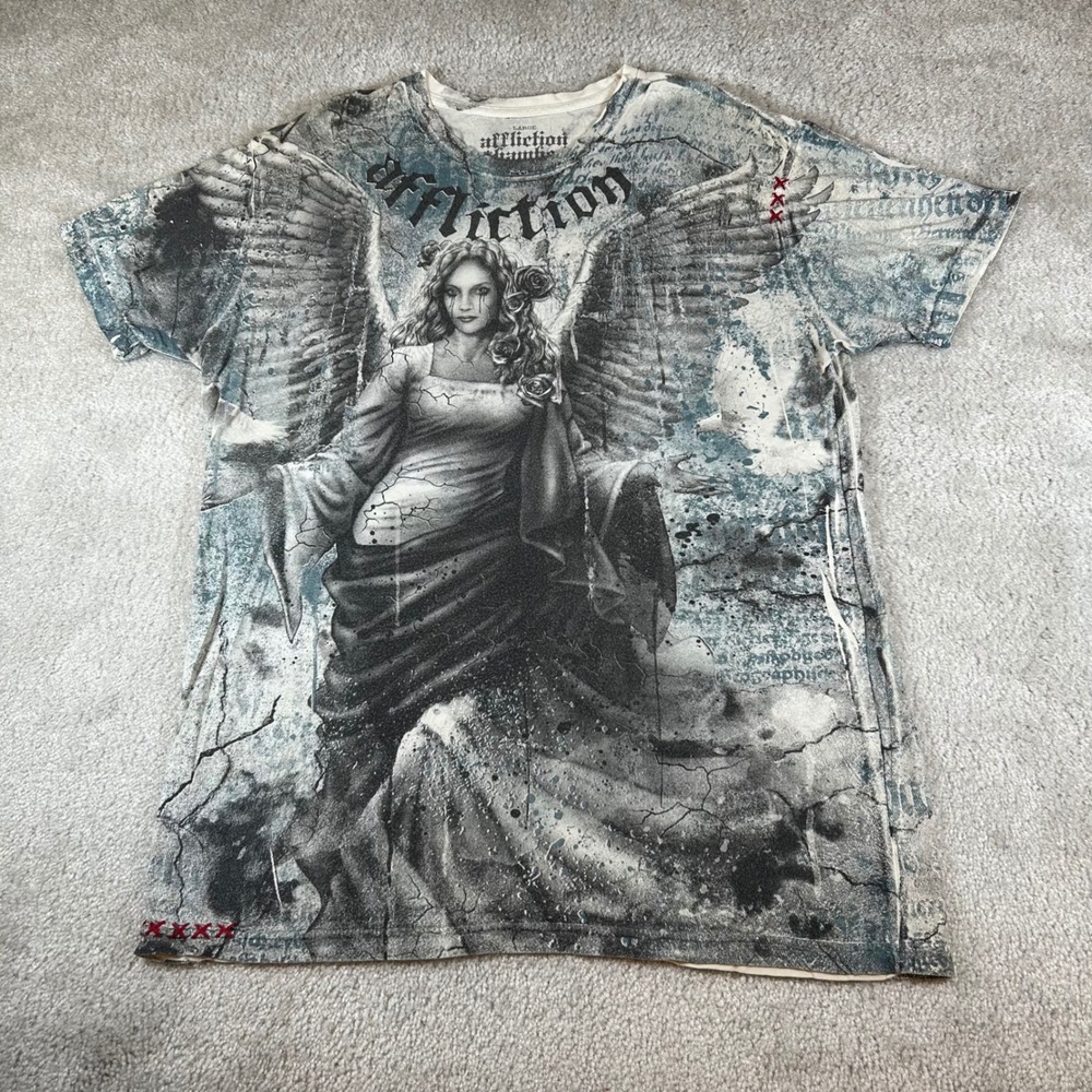 Vintage Affliction T-Shirt Mens Large Gray Blue Angel Graphic Cotton Distressed